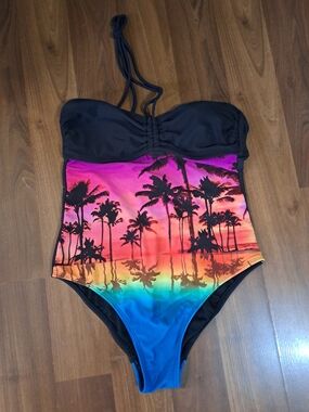 OP Black Bandeau One-Piece with Rainbow Palm Sunset